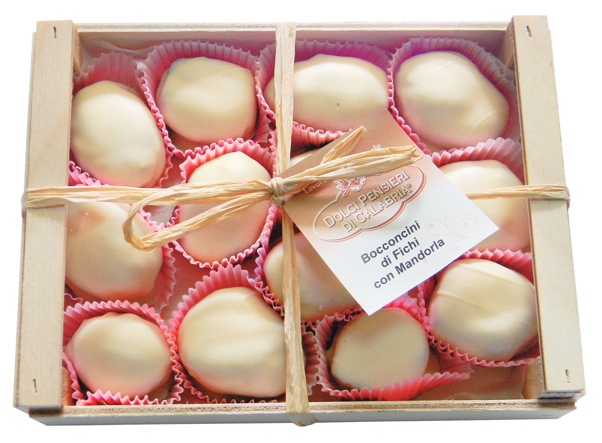 Bocconcini di fichi  Dolci Pensieri Bocconcini di fichi - Kalabrische Feigen mit Mandeln in weißer Schokolade