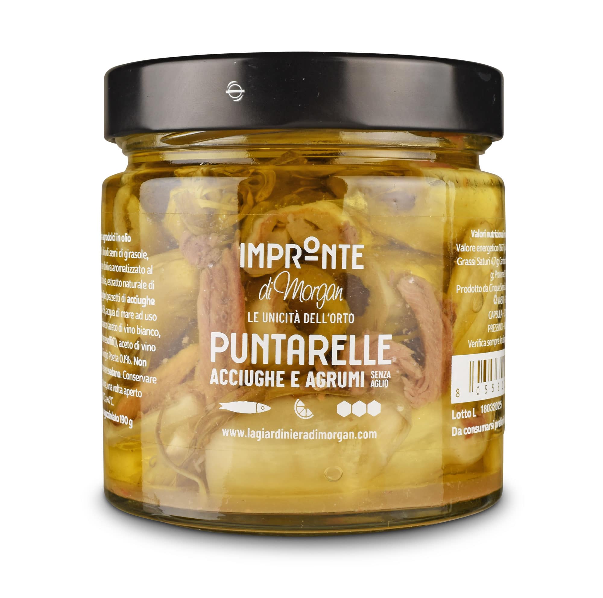 Puntarelle (Spargelchicorée) eingelegt mit Anchovis und Zitrusfrüchten, im Glas