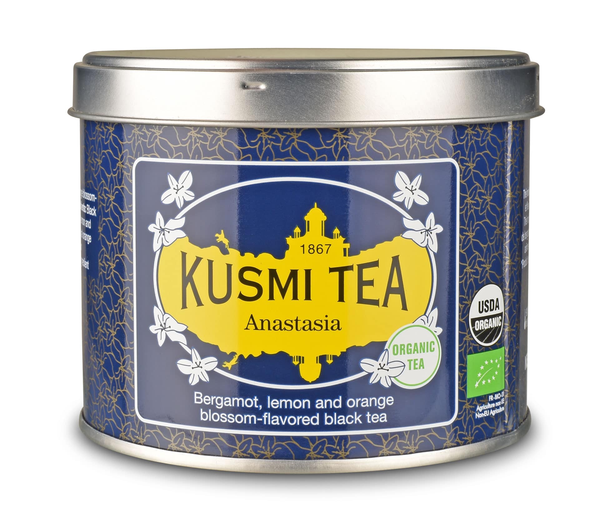 Kusmi Tea Anastasia – Bio-Schwarztee mit Bergamotte, Zitrus und Orangenblüte in der dekorativen Teedose