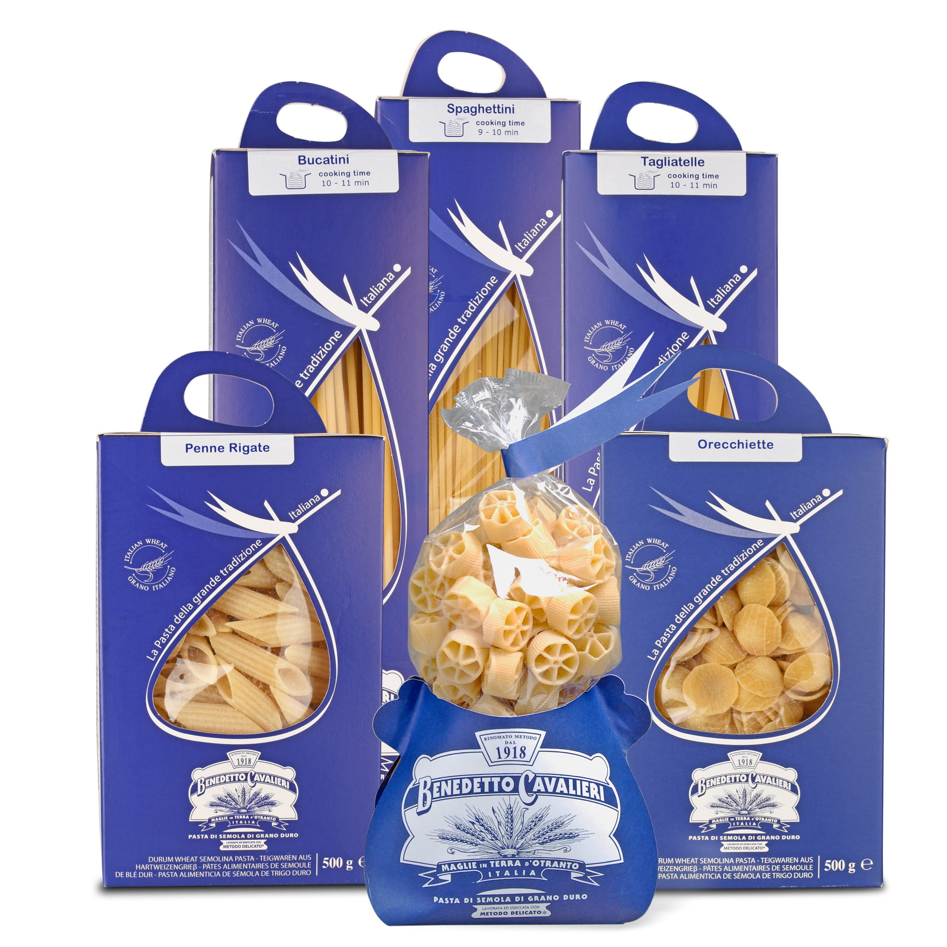 Premiumpasta Paket Benedetto Cavalieri sechs klassische Pastaformate aus Apulien handwerklich hergestellt Bronzeverfahren