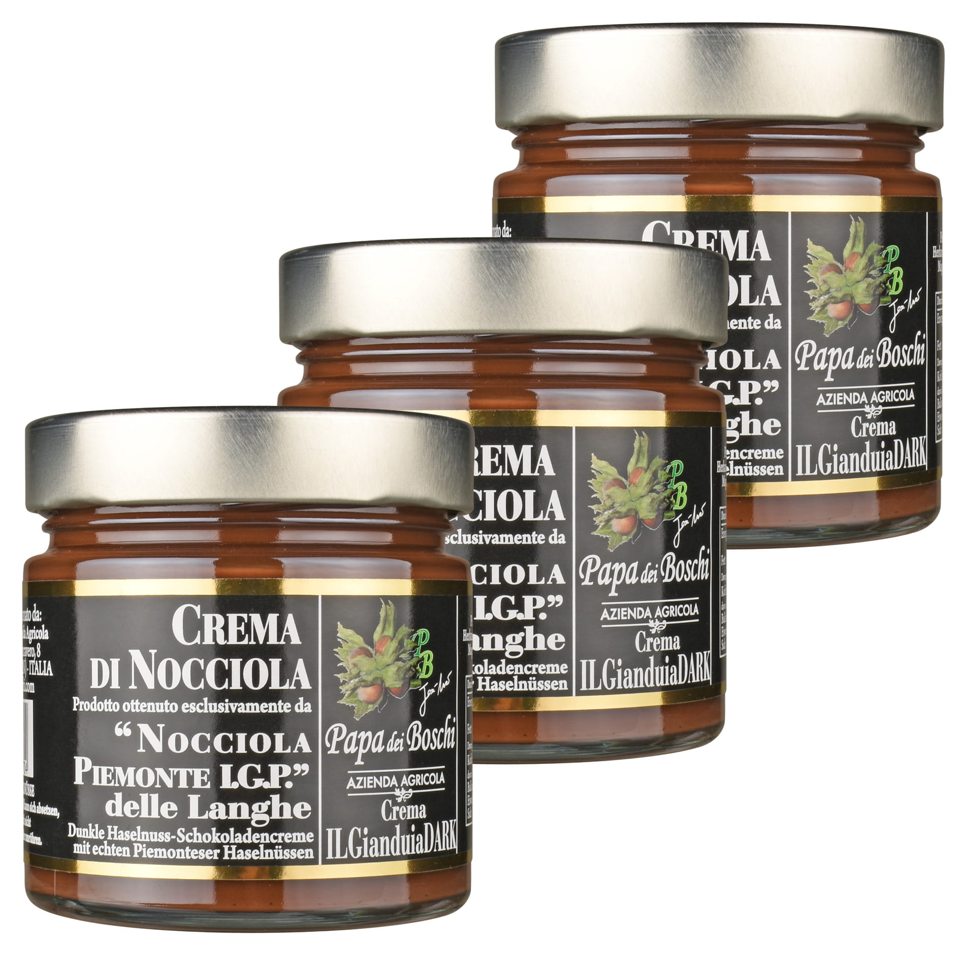 Papa dei Boschi Crema Gianduia Dark Haselnuss-Kakao-Creme – 3 × 250 g