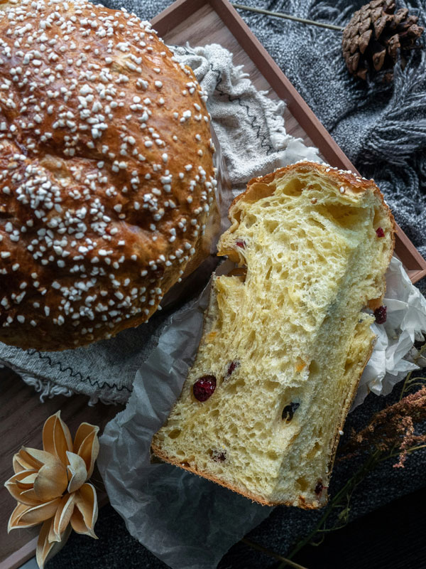 Panettone – traditioneller italienischer Weihnachtskuchen mit Rosinen und kandierten Früchten