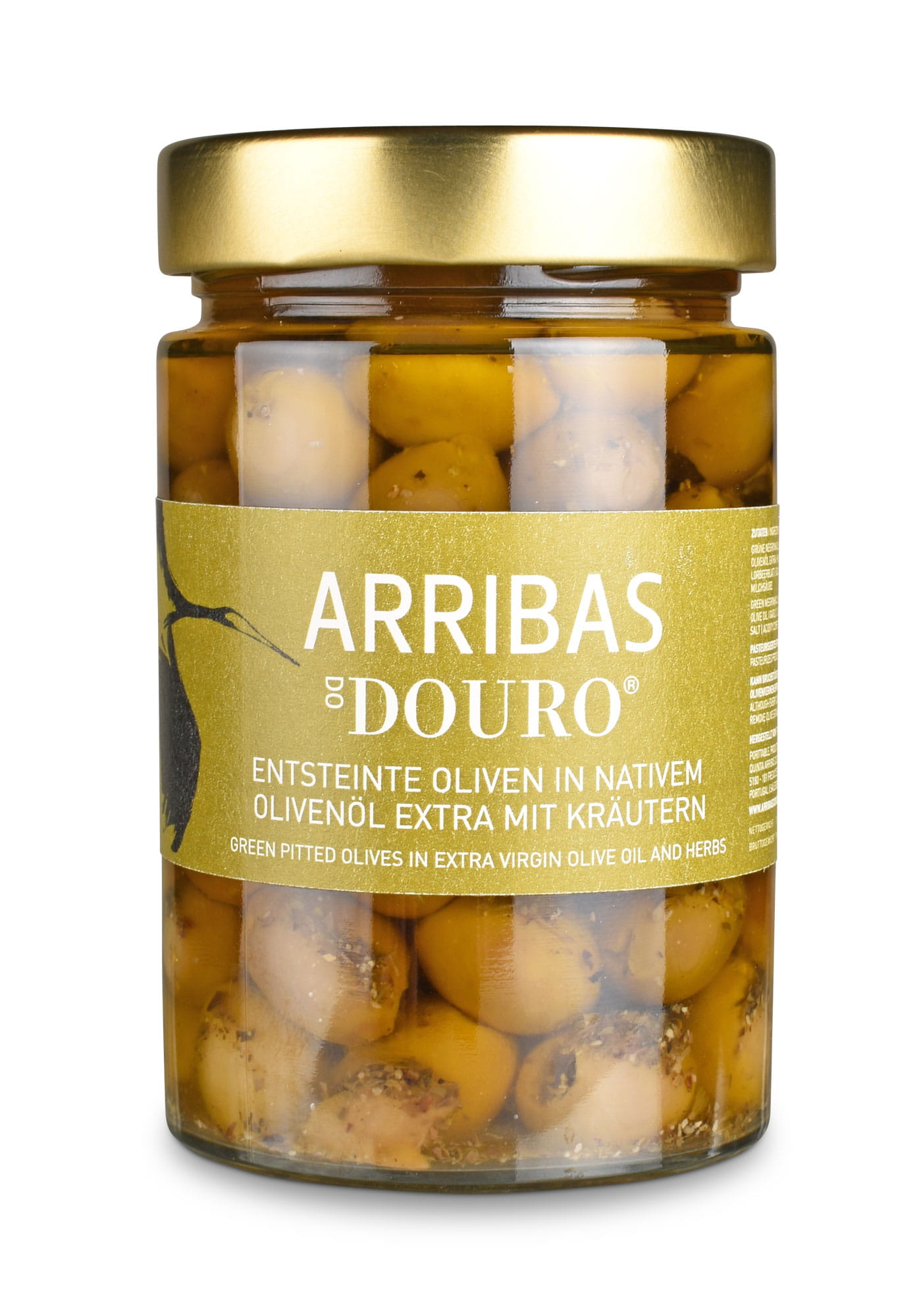 Grüne eingelegte Oliven, entsteint, mit Kräutern in Olivenöl - Arribas do Douro