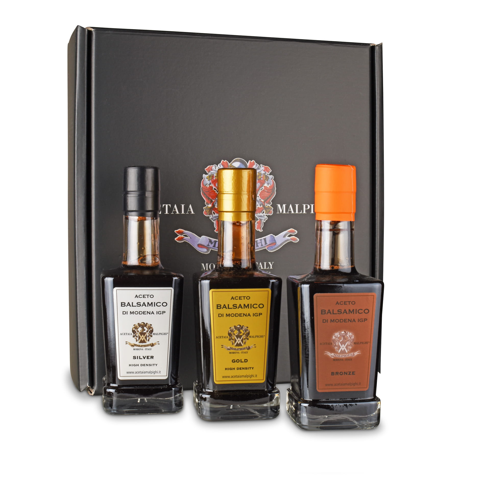 Malpighi Aceto Balsamico di Modena IGP Geschenkset mit Bronze, Silber und Gold