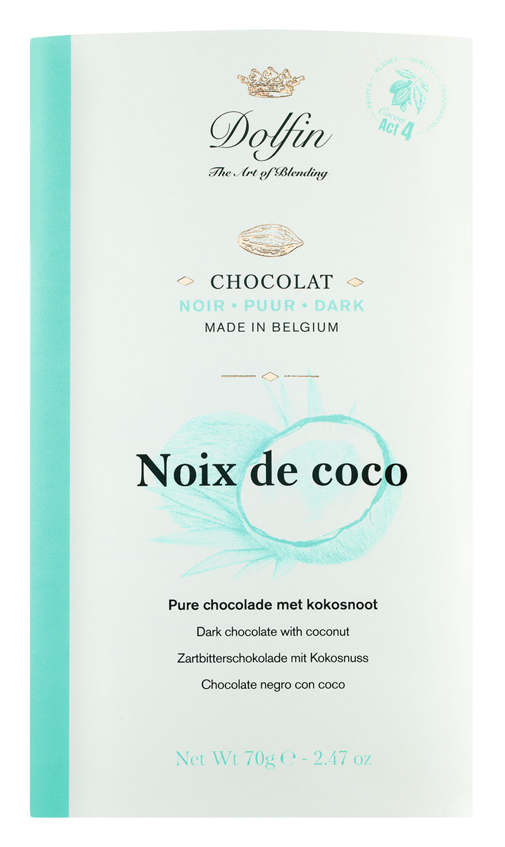 Dolfin Zartbitterschokolade mit Kokosnuss, 70g Tafel aus Belgien