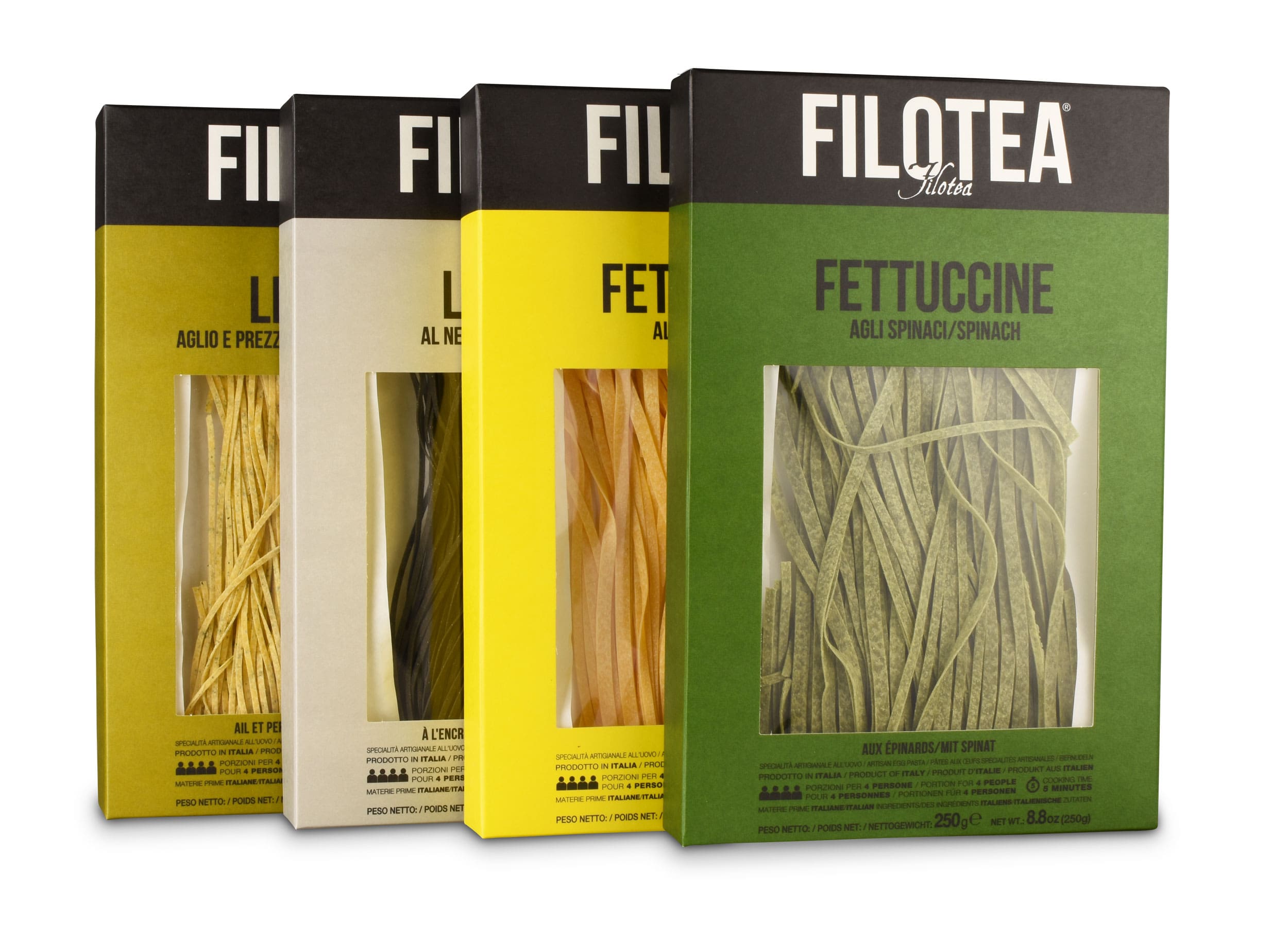 Filotea Linea Speciale Pasta Set aromatisierte Eierpasta aus Italien Linguine und Fettuccine mit Zitrone Spinat Sepia und Kräutern