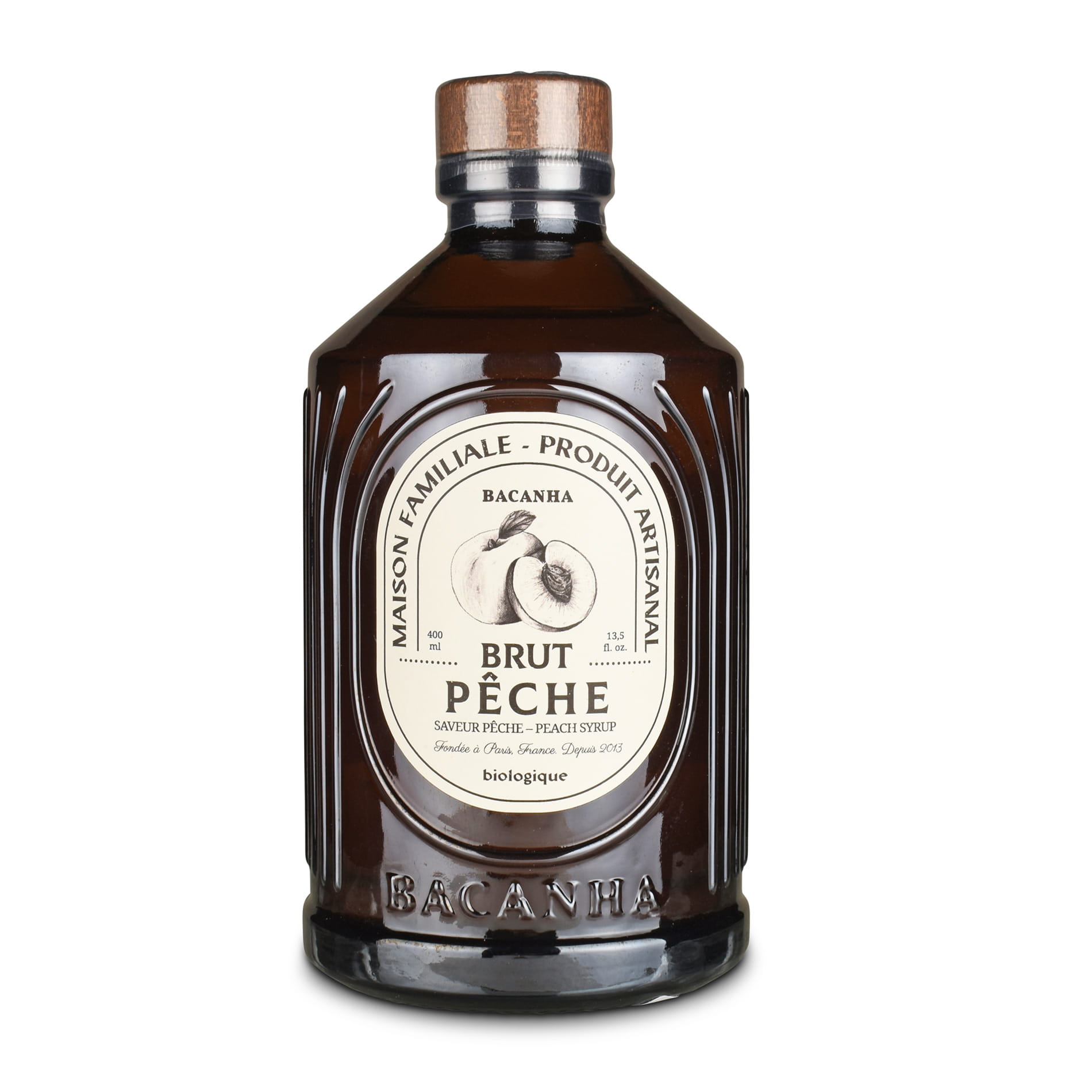 Bacanha Bio-Pfirsichsirup mit dem Aroma weißer Pfirsiche in der 400-ml-Glasflasche