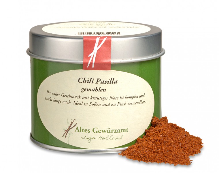Altes Gewürzamt Chili Pasilla gemahlen mexikanischer Chili