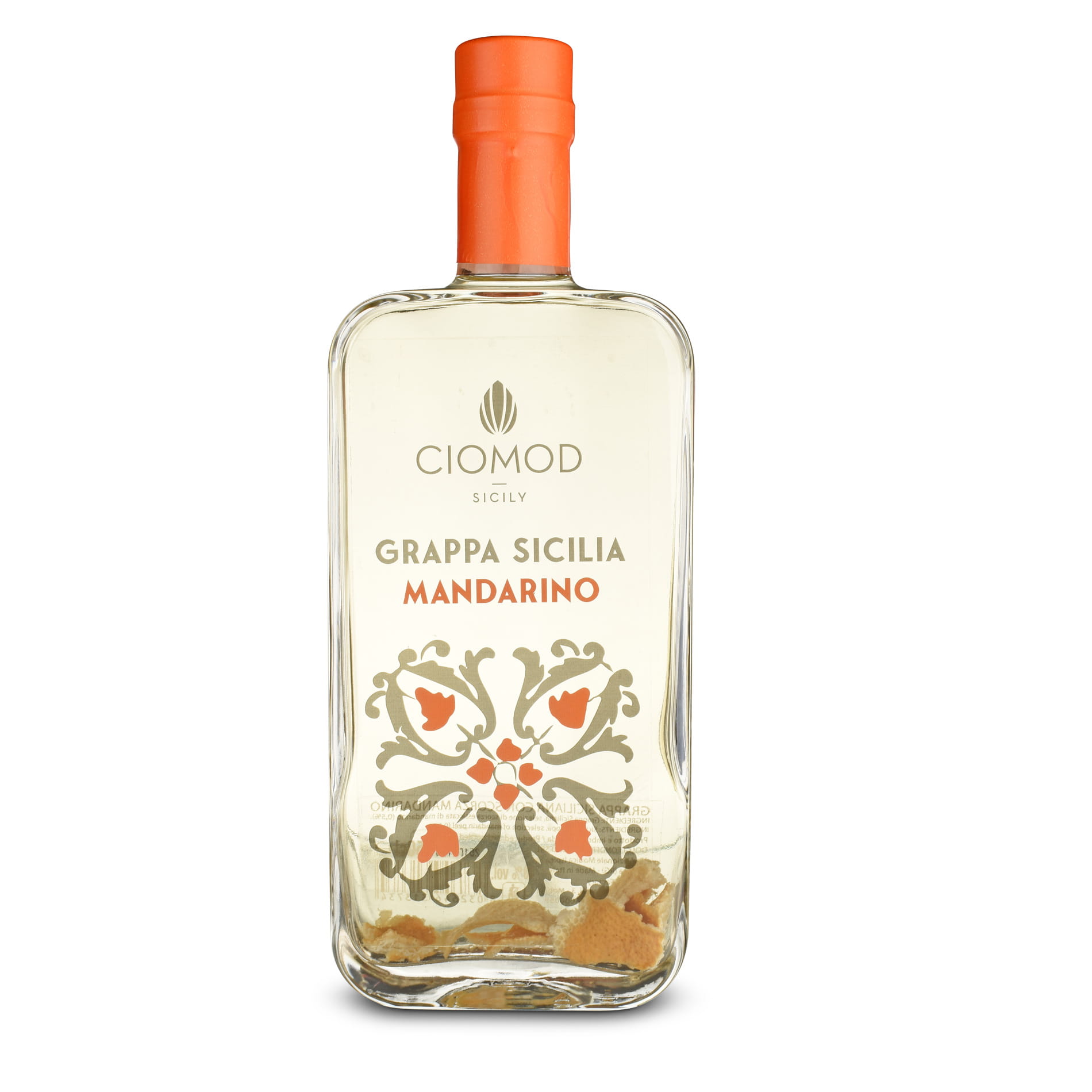 Flasche CioMod Grappa Sicilia al Mandarino mit 40 Prozent Alkohol