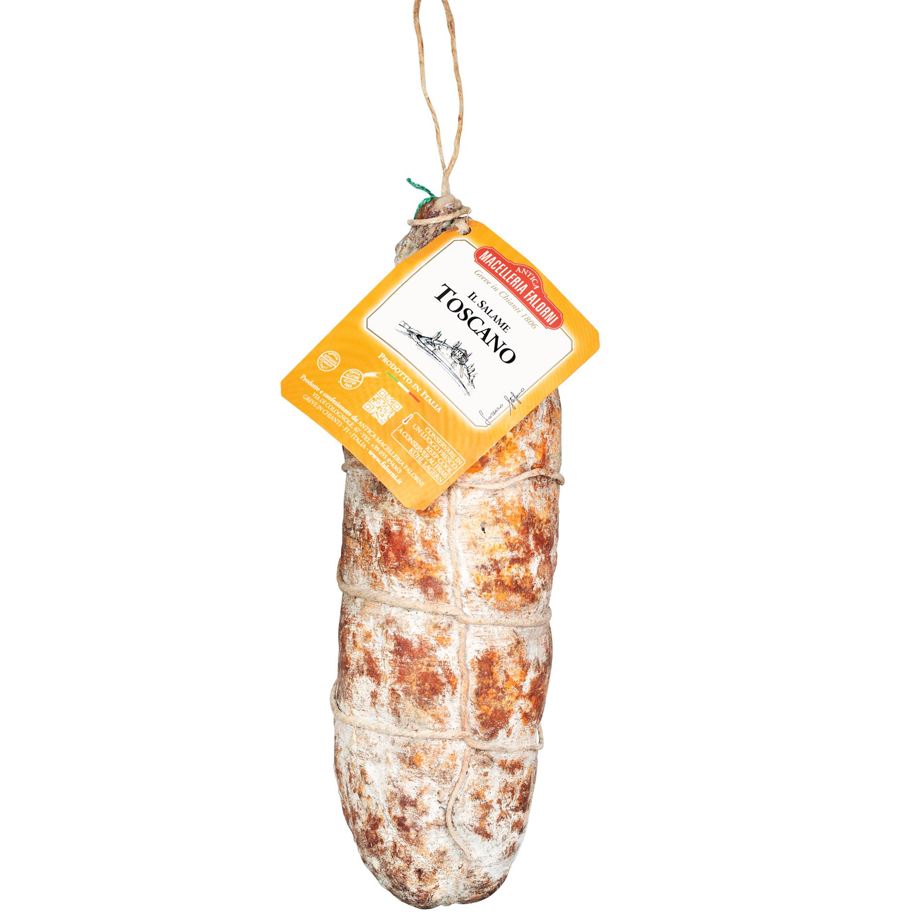 Salame Toscano von Falorni mit grobem Anschnitt und Lardo-Würfeln