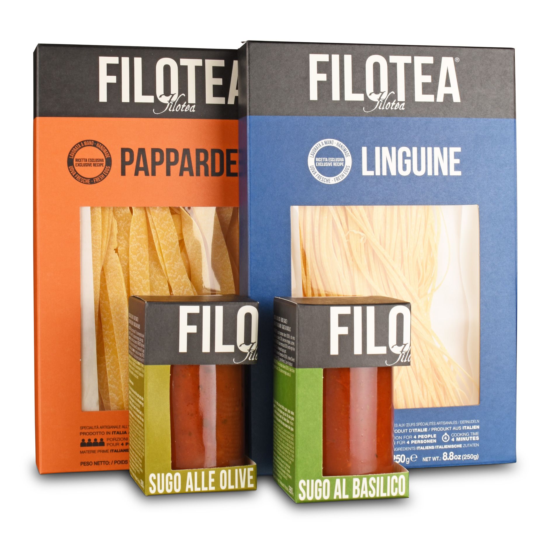 Filotea Pasta-Geschenkset mit Pappardelle, Linguine und zwei Sughi