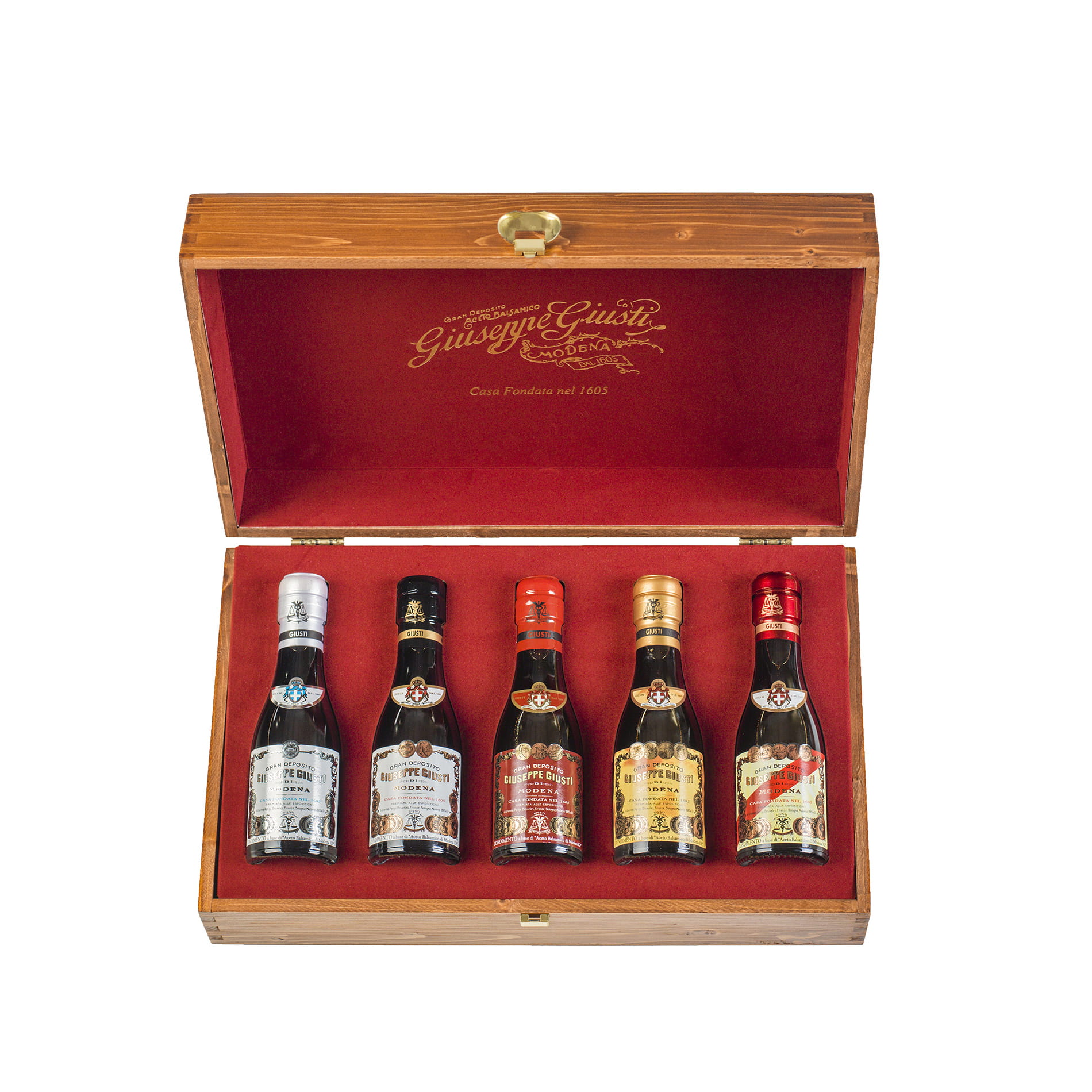 Giusti Balsamico Geschenkset mit fünf Sorten in Holzschatulle