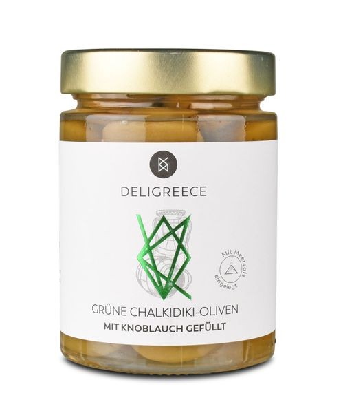 Grüne Chalkidiki-Oliven, mit Knoblauch gefüllt